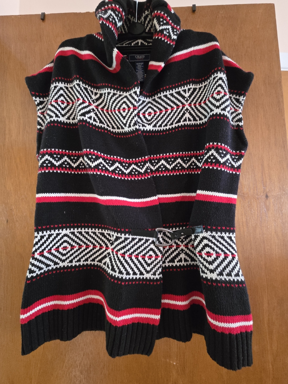 Women's Black Patterned Knit Sweater with Red & White Stripes